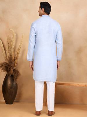 Mandarin collor embroidered cotton blue kurta with trouser 3