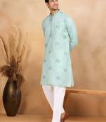 Mandarin collor embroidered cotton green kurta with trouser