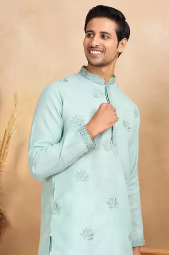 Mandarin collor embroidered cotton green kurta with trouser