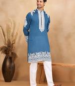 Men linen ethnic motifs embroidered navy blue kurta with beige salwar