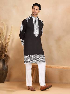 Men linen ethnic motifs embroidered black kurta with beige salwar 1