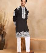 Men linen ethnic motifs embroidered black kurta with beige salwar