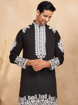 Men linen ethnic motifs embroidered black kurta with beige salwar 2