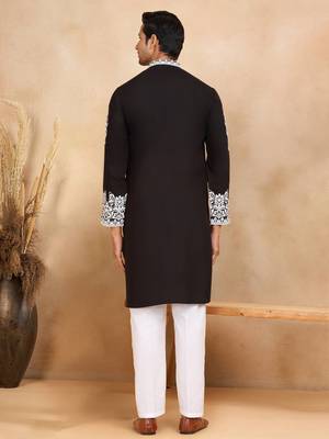 Men linen ethnic motifs embroidered black kurta with beige salwar 3