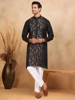Men linen ethnic motifs embroidered white kurta with beige salwar 1
