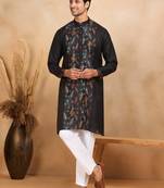 Men linen ethnic motifs embroidered white kurta with beige salwar