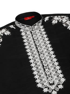 Men linen ethnic motifs embroidered black kurta with beige salwar 4