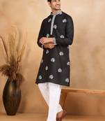 Men cotton silk ethnic motifs embroidered black kurta and trouser with stole