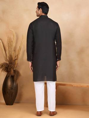 Men linen ethnic motifs embroidered white kurta with beige salwar 3