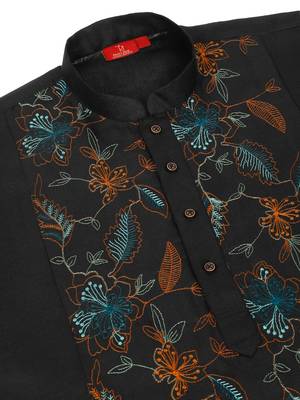 Men linen ethnic motifs embroidered white kurta with beige salwar 4