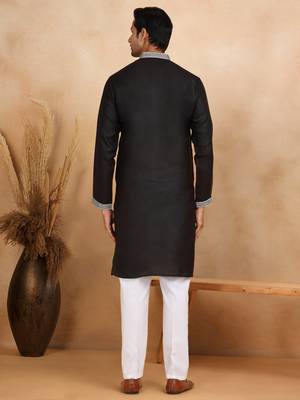 Men cotton silk ethnic motifs embroidered black kurta and trouser with stole 3