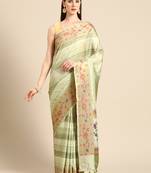 Designer green linen blend saree