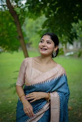 Firozi soft tussar silk blend printed pattern and kanth weaving saree festive wear 2
