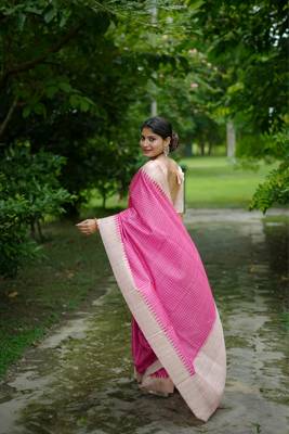 Pink soft tussar silk blend printed pattern and kanth weaving saree festive wear 3