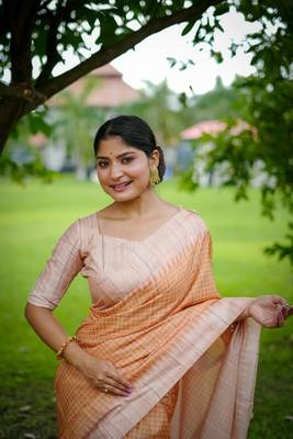 Peach soft tussar silk blend printed pattern and kanth weaving saree festive wear 2
