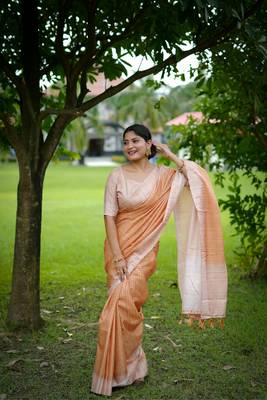 Peach soft tussar silk blend printed pattern and kanth weaving saree festive wear 3