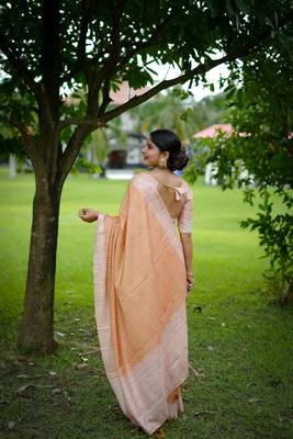 Peach soft tussar silk blend printed pattern and kanth weaving saree festive wear 4