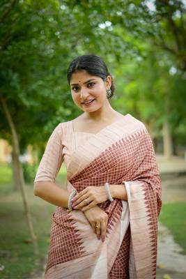 Brown soft tussar silk blend printed pattern and kanth weaving saree festive wear 2