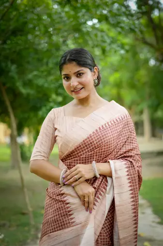 Brown soft tussar silk blend printed pattern and kanth weaving saree festive wear