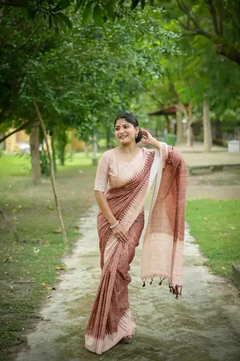 Brown soft tussar silk blend printed pattern and kanth weaving saree festive wear