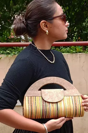 Yellow and cork verde atman cork handbag