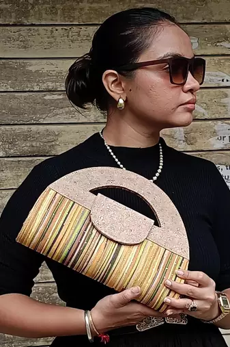Yellow and cork verde atman cork handbag
