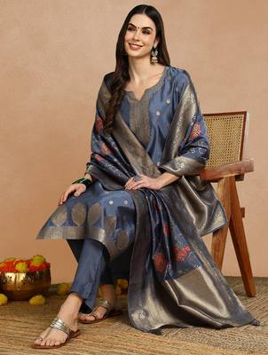women blue chanderi solid woven design straight kurta trouser set 1