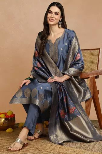 women blue chanderi solid woven design straight kurta trouser set