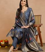 women blue chanderi solid woven design straight kurta trouser set