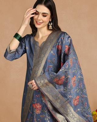 women blue chanderi solid woven design straight kurta trouser set 2