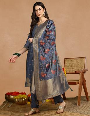 women blue chanderi solid woven design straight kurta trouser set 3