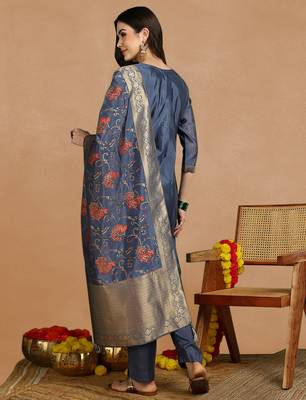 women blue chanderi solid woven design straight kurta trouser set 4