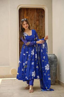 Blue  COLOUR DIGITAL PRINT GEORGETTE FABRIC PARTY WEAR FULLY STITCHED GOWN SET 1