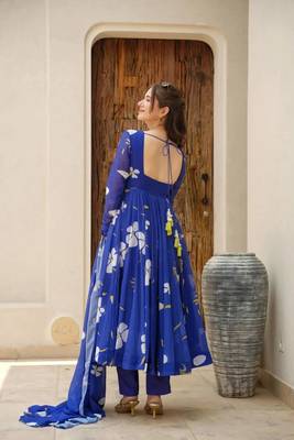 Blue  COLOUR DIGITAL PRINT GEORGETTE FABRIC PARTY WEAR FULLY STITCHED GOWN SET 4