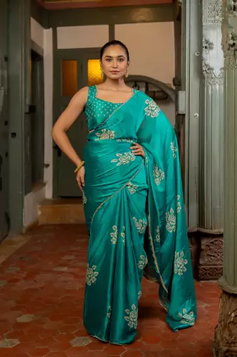 Teal chiffon floral block print beads lace border saree with unstitched blouse piece