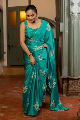 Teal chiffon floral block print beads lace border saree with unstitched blouse piece