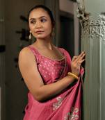 Dark peach chiffon floral block print beads lace border saree with unstitched blouse piece