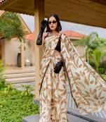 Cream satin georgette leaf print plain saree with unstitched blouse piece