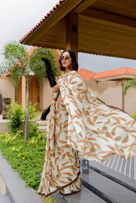 Cream satin georgette leaf print plain saree with unstitched blouse piece 3