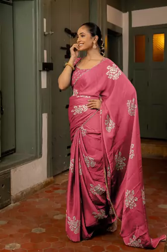 Dark peach chiffon floral block print beads lace border saree with unstitched blouse piece