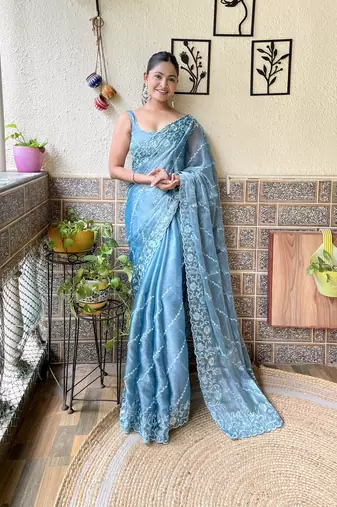 Sky blue designer thread,sequance embroidery work burburry saree with blouse piece