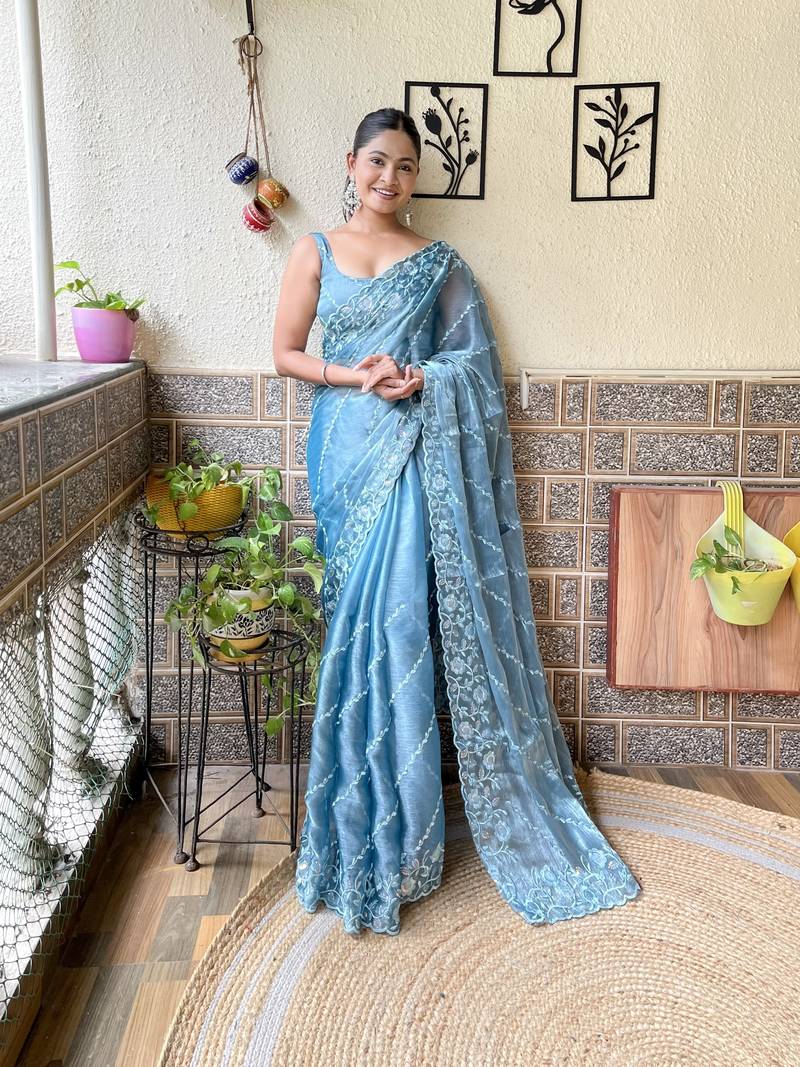 Sky blue designer thread,sequance embroidery work burburry saree with blouse piece