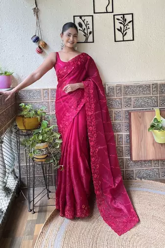 Pink designer thread,sequance embroidery work burburry saree with blouse piece