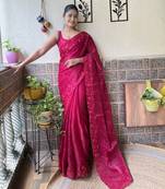 Pink designer thread,sequance embroidery work burburry saree with blouse piece