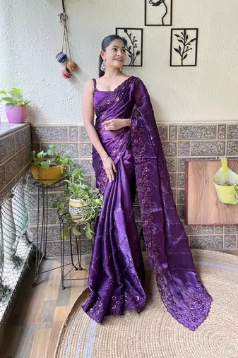 Purple designer thread,sequance embroidery work burburry saree with blouse piece