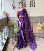 Purple designer thread,sequance embroidery work burburry saree with blouse piece