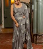 Dusty grey chiffon floral block print beads lace border saree with unstitched blouse piece