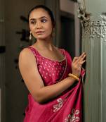 Crimson pink chiffon floral block print beads lace border saree with unstitched blouse piece