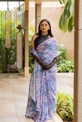 Light pink satin georgette animal print plain saree with unstitched blouse piece 1