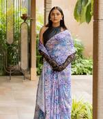 Light pink satin georgette animal print plain saree with unstitched blouse piece